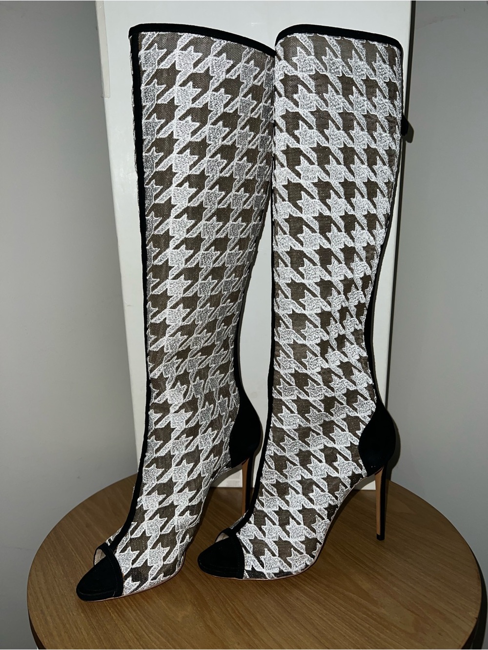 Nicholas Kirkwood Black and White Houndstooth Knee-High Peep-Toe Boots